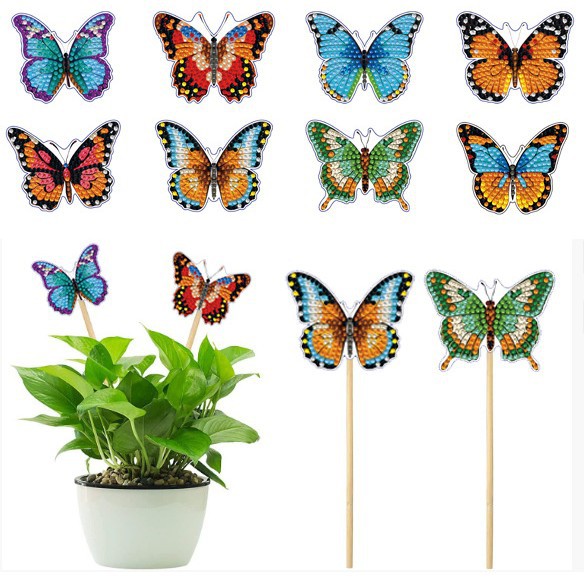 Estacas decorativas para macetas con diseño de flores para decoración de plantas en el hogar y escritorio, fabricante de estacas de jardín hechas a mano con pegatinas de diamantes DIY.