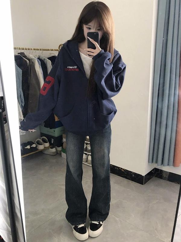 美式复古刺绣连帽开衫卫衣2025男女高街宽松休闲运动帽衫秋冬外套|undefined