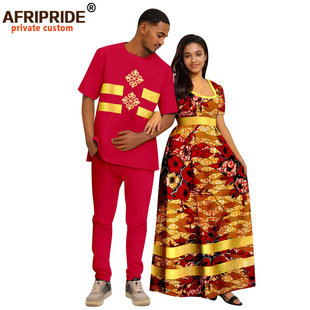 African Printed Batik Cotton Couple Suit Women's Dress + Men's Suit Afripride 24C085