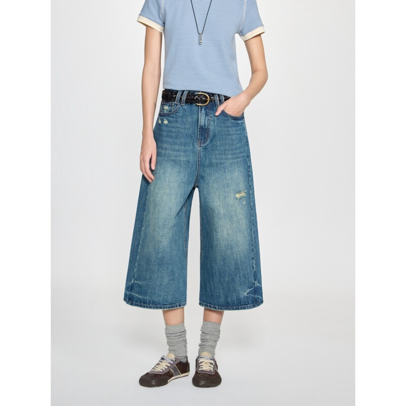 2026 Summer New Vintage Washed Blue Wide-Leg Ripped Jeans for Women, High-Waisted, Pear-Shaped, Slimming, Versatile Cropped Pants