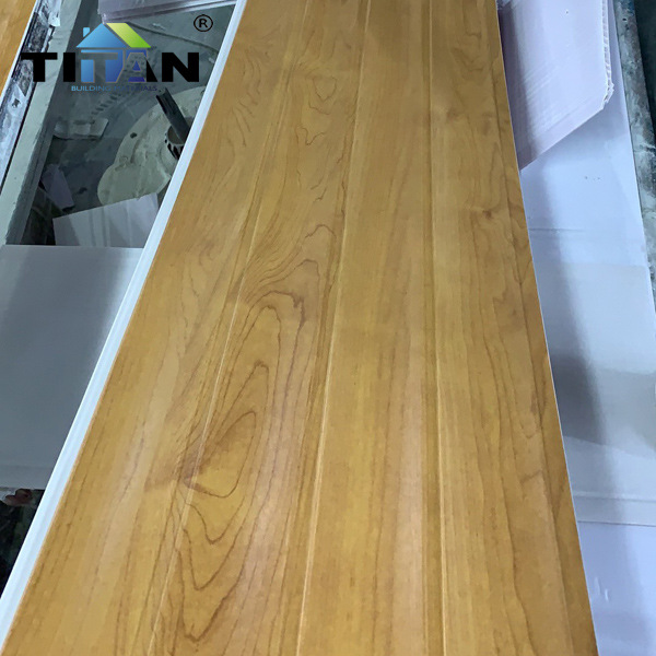 Tipo de exportación 7.5mm * 25cm revestimiento de película cóncava de PVC refuerzo de madera de nuez revestimiento de película de PVC techo