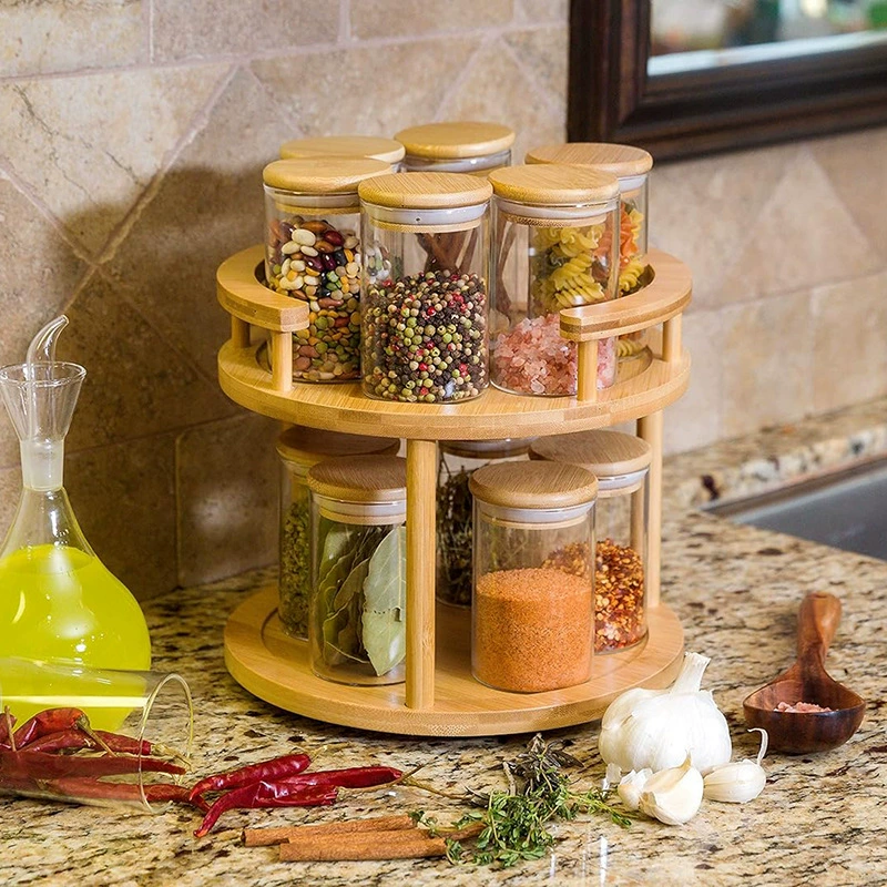 Бамбуковая вращающаяся стойка для приправ настольная стойка для хранения косметики Бытовая двухслойная кухонная стойка для хранения приправ из цельного дерева