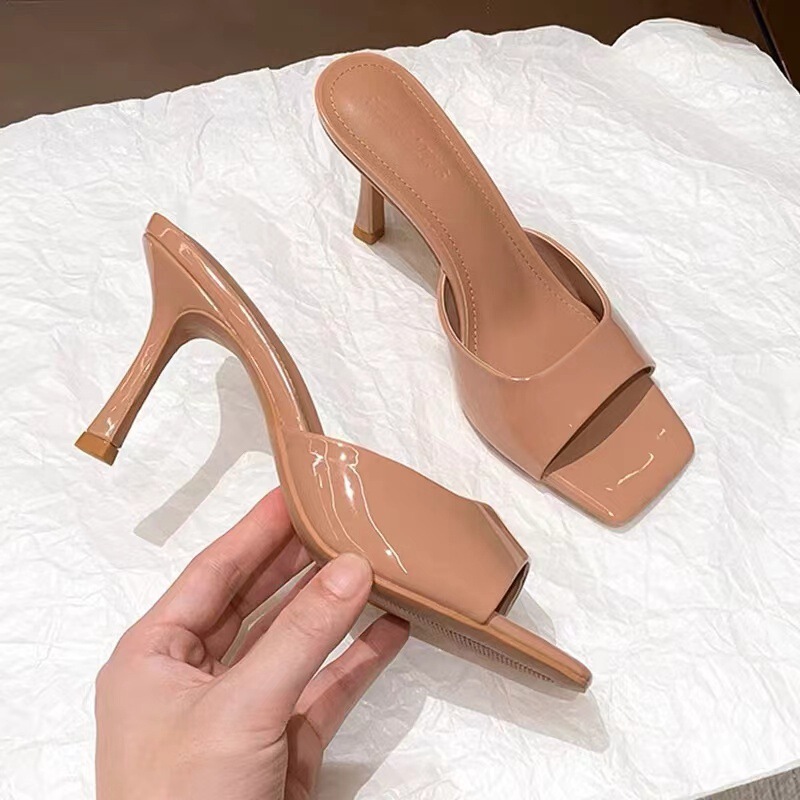 2025 Summer New Patent Leather Nude High-Heeled Sandals Stiletto Pointed Toe Open Toe Sexy Outer Slippers for Women