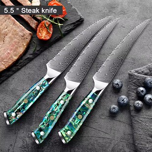 Amazon Cross-Border Vg10 Damascus Steel Serrated Steak Knife with Shell Resin Handle, Meat Cutting Knife, Yangjiang Origin