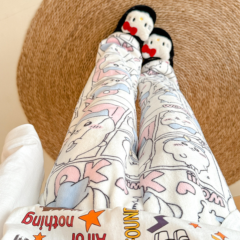 New Style Straight-Leg Sleep Pants for Women, Comfortable Pants, Essential for Autumn and Winter 2025, Flannel, Warm, Fleece-Lined, Thick, Stylish Cartoon Design
