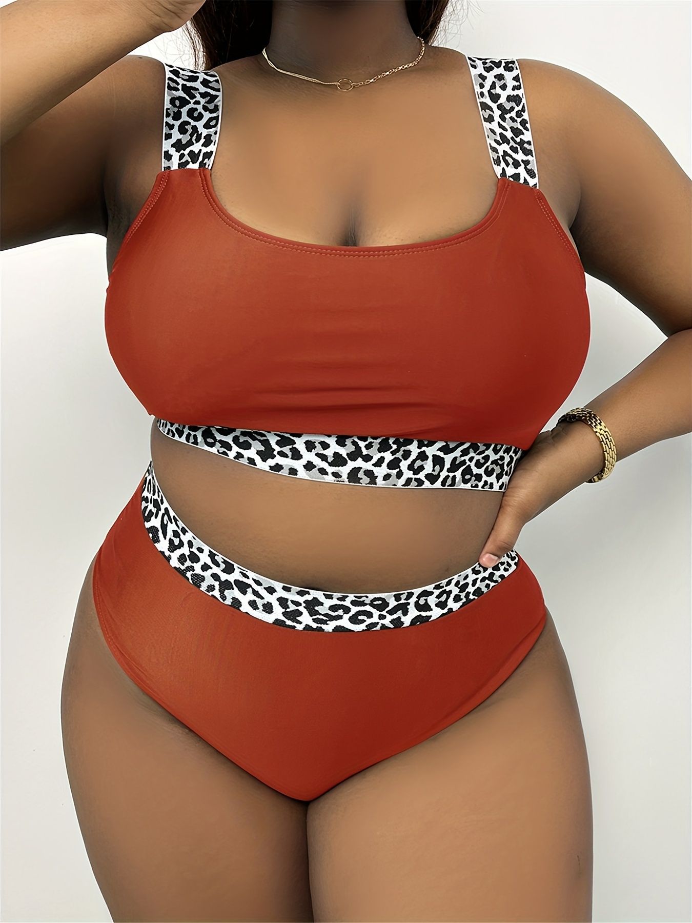 New European American Style Plus-Size Tank Top Bikini With Solid Color And Leopard Print, High-Waisted, Popular On_ecoleips.com