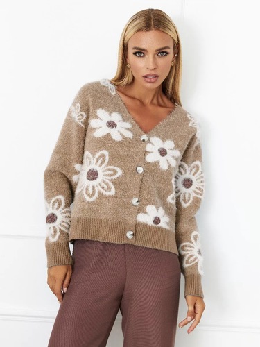 Amazon cross-border European and American short flower knitted cardigan in autumn new V-neck mink jacquard sweater women's jacket