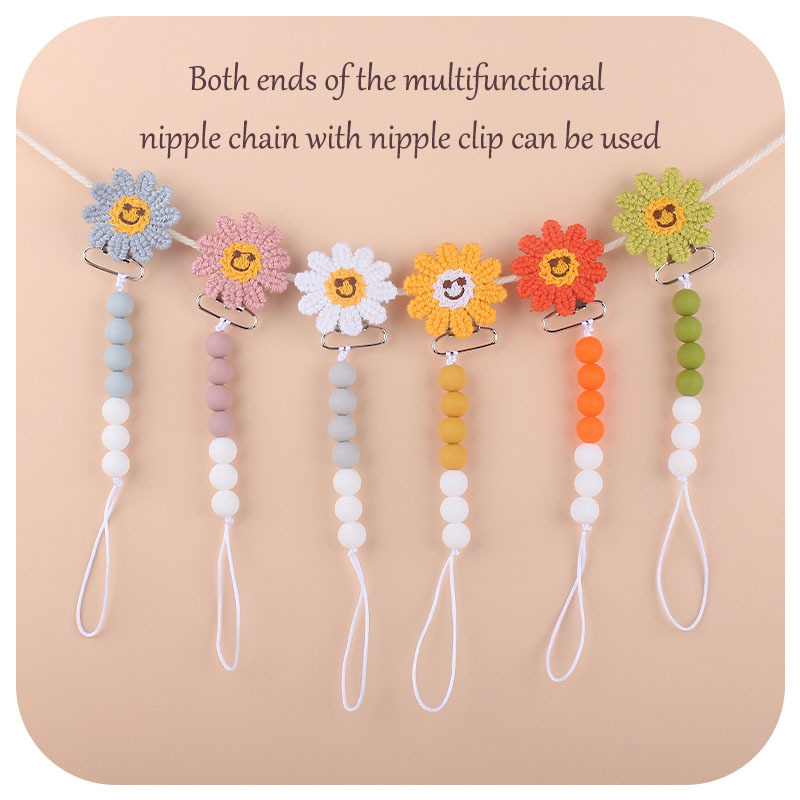 Bebé suministros nuevo ganchillo DIY girasol chupete clip bebé cuentas de silicona girasol clip chupete cadena