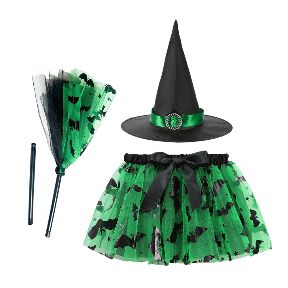 RSX12+grass green bat black flat head broom+grass green satin ribbon round button witch hat