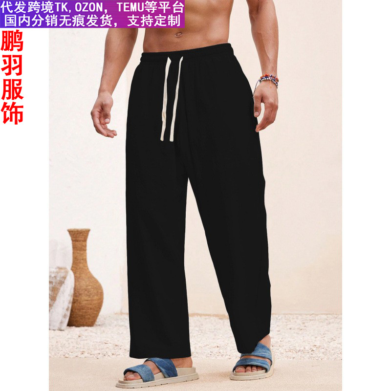 Men's Linen Wide-Leg Pants European and American Loose Casual Breathable Beach Pants Multi-Pocket Cargo Sports Pants Commuter Style