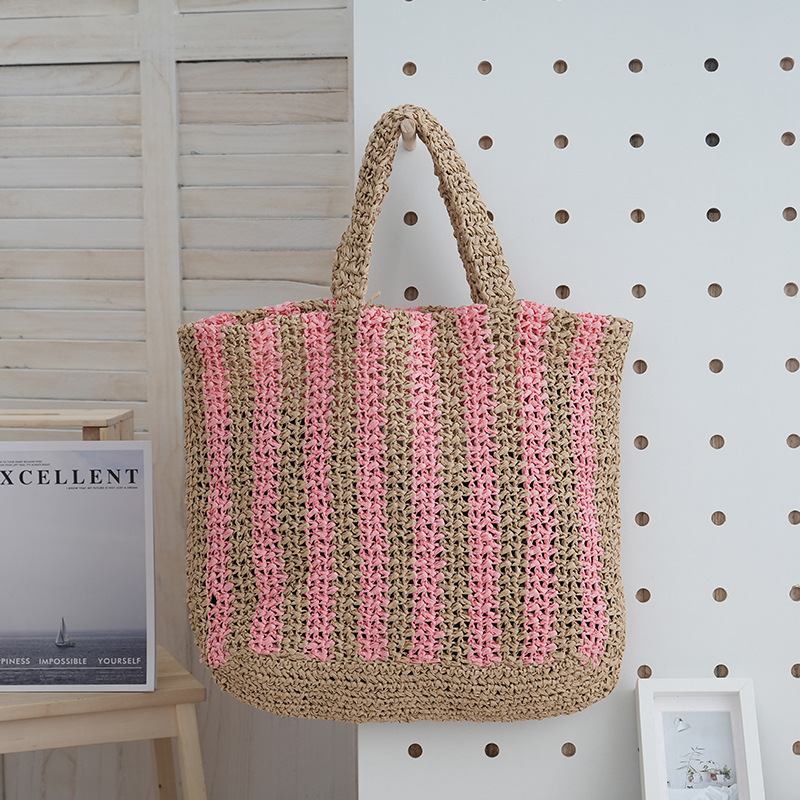 Nueva playa tejida bolsa de viaje de las niñas bolso de mano retro portátil bolsa de paja de gran capacidad bolso de hombro a rayas