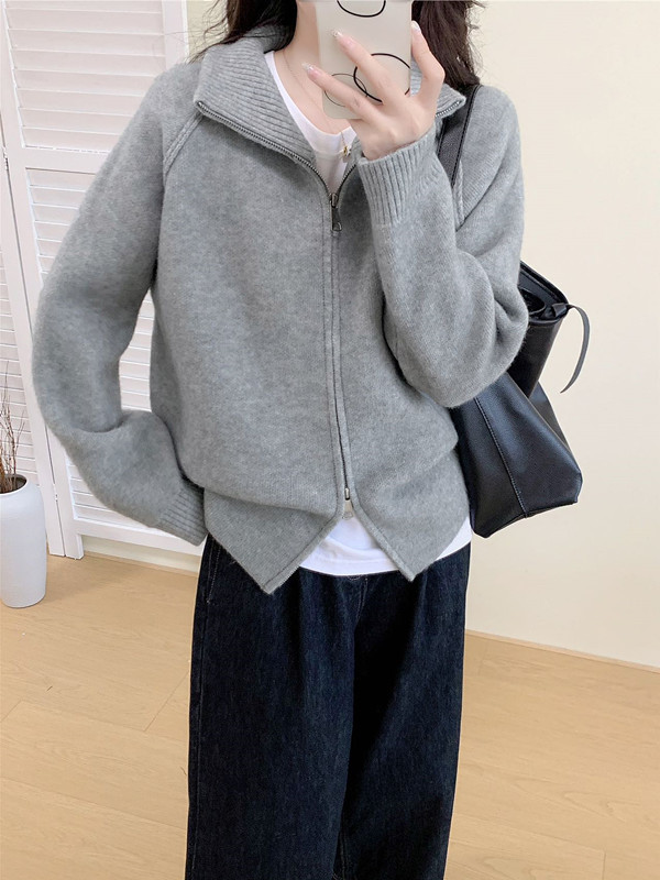 韩版2025年秋冬新款毛衣外套女简约宽松立领拉链毛针织开衫上衣女|undefined