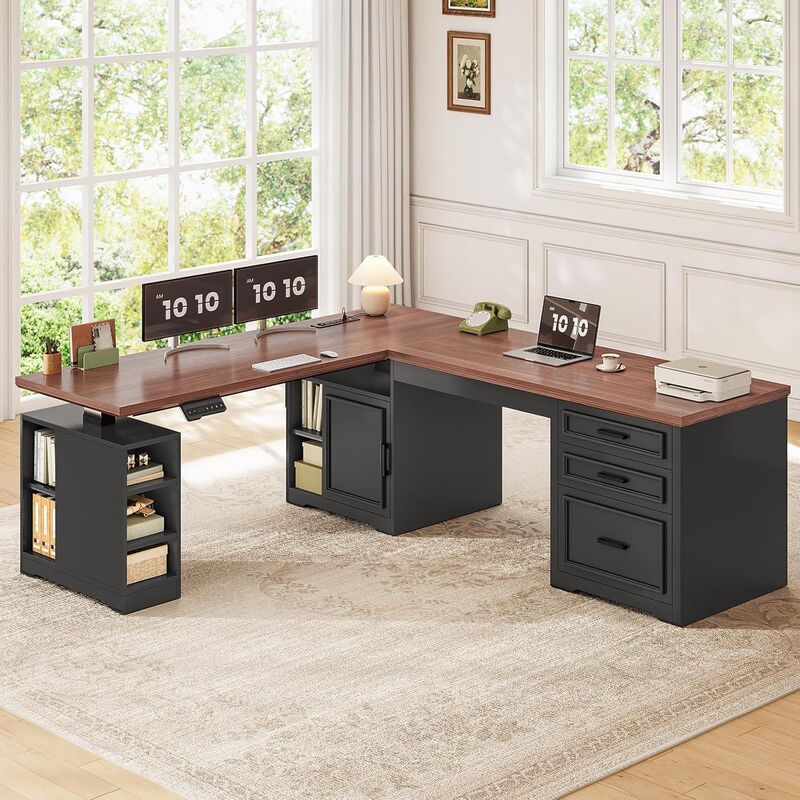 Wholesale L-Shaped Electric Standing Desk 63 X 67inch Height-Adjustable Corner Desk with Drawer and Shelf