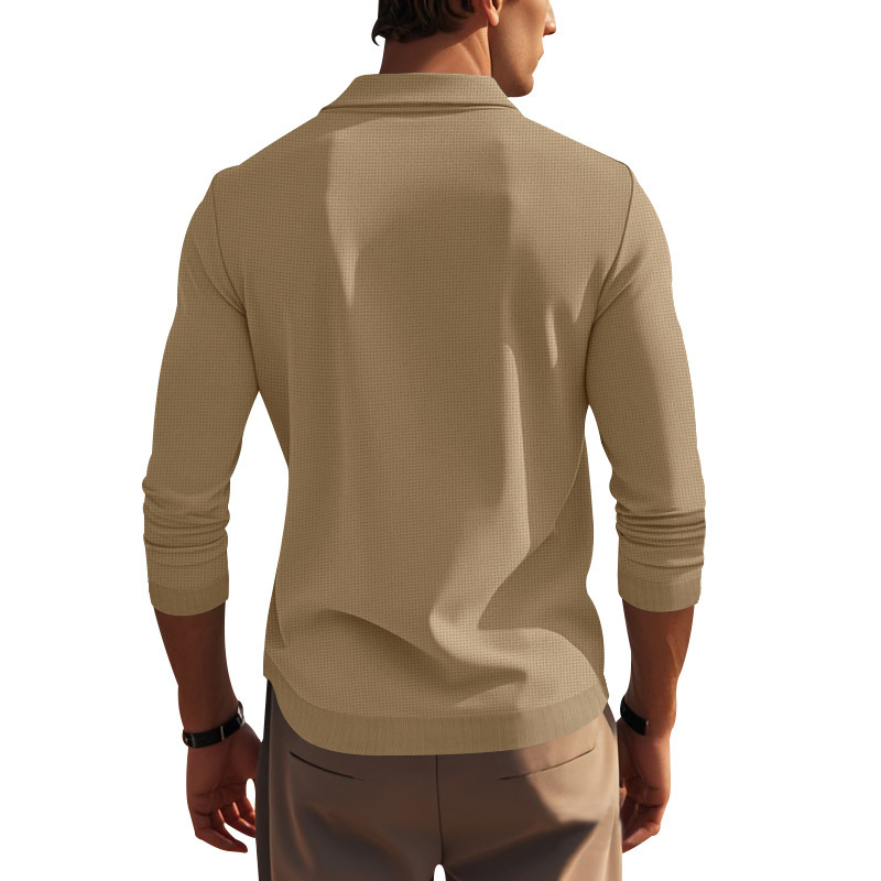 Podzimní a zimní americké pánské tričko s dlouhým rukávem, tenký střih, vaflový styl, slim fit, klopový pletený svetr pro muže_voghion.com