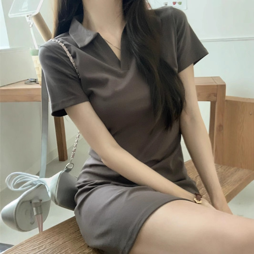 Summer Pure Desire Style Korean Polo Collar Dress for Women, Little Black Dress, Sweet and Spicy Girl, Fitted Short Sleeve Casual Women's Clothing Wholesale