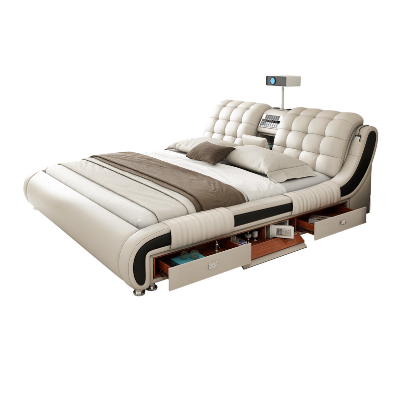 Cama multifuncional de cuero genuino, moderna y sencilla, con tapicería suave y función de masaje, adecuada para dormitorio principal, cama doble con almacenamiento de 1,8 metros. image 6