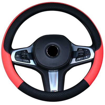leather handle cover carbon fiber pattern | Steering wheel cover - f021-black-red-38cm