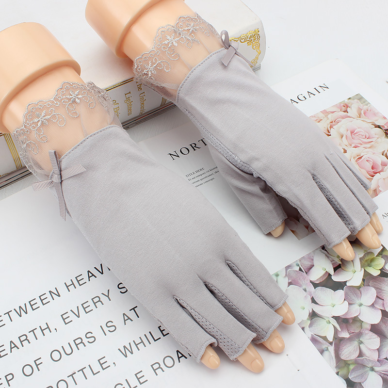 Verano medio dedo protección solar guantes mujeres delgadas ciclismo protección solar protección UV conducción encaje dedo abierto al por mayor