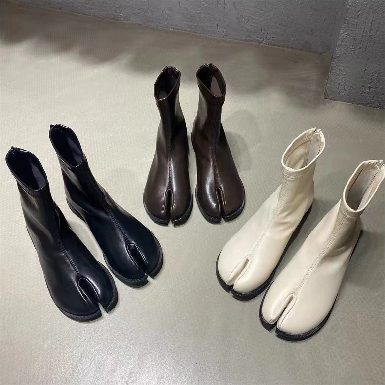 Женские ботинки челси-струнки из стрейч-материала, осень-зима 2024, британский стиль ретро, короткие ботинки с разрезом на носке, ботинки «свиньи ноги»