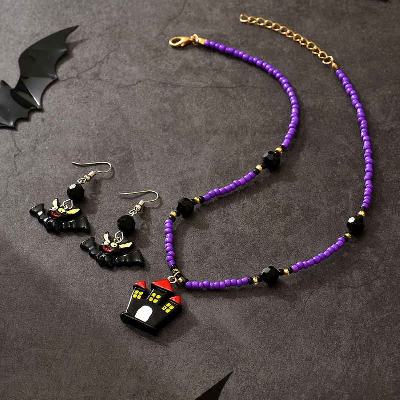 Set di perline di riso di vendita calda di Halloween, collana di orecchini a forma di pipistrello del castello oscuro in resina, set di gioielli fai da te per festival di fantasmi_voghion.com