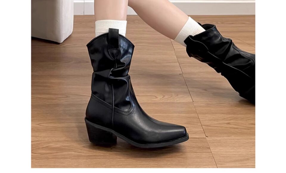 Bốt ngắn nữ mũi nhọn gót vừa 3–5 cm bằng da bò, kiểu bốt cao bồi — Màu đen, còn hàng, Đốm màu cà phê, Đốm mờ kaki, Đốm đen mờ chi tiết 9