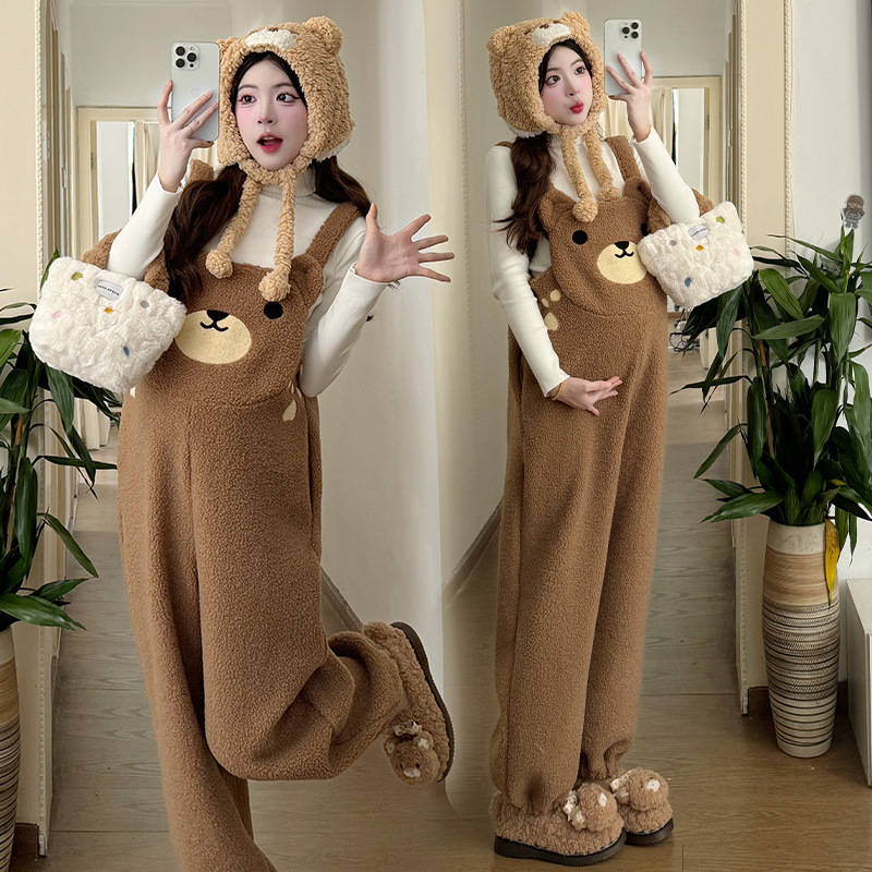 2025 가을 겨울 대형 사이즈 수트 임산부 플러스 벨벳 두꺼운 귀여운 곰 오버올 + 두꺼운 바닥 투피스 수트