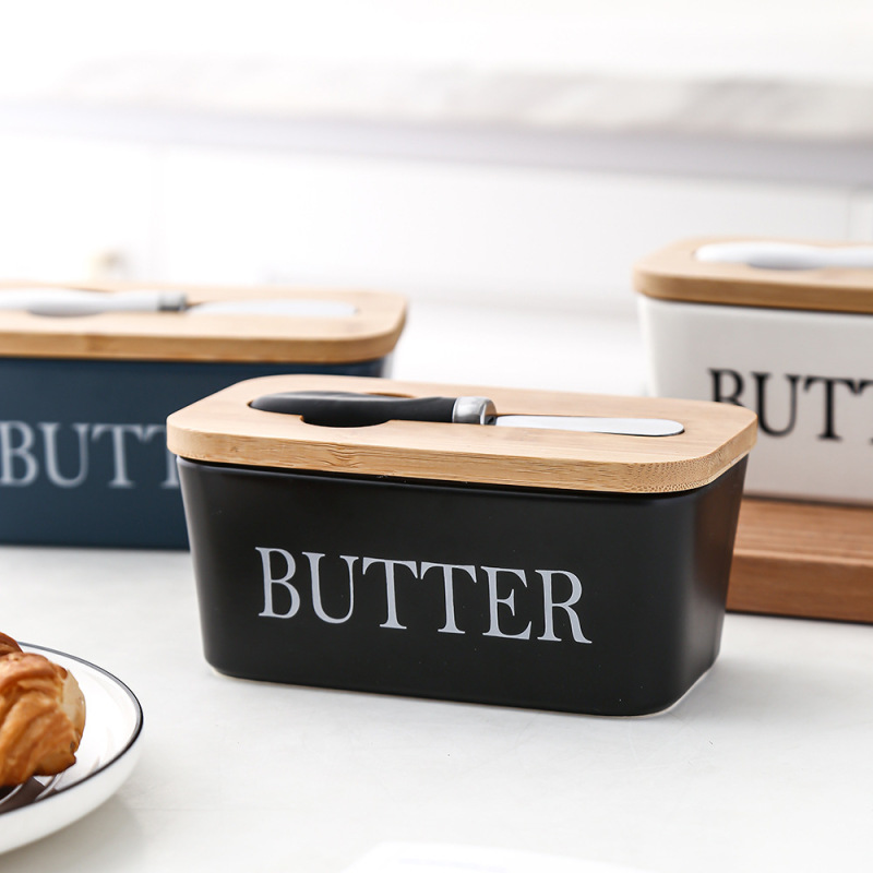 長方形の陶磁器のバターの箱の密封の缶の牛油の箱の竹の蓋はナイフの洋式の家庭用チーズの箱のクロスボーダーのアマゾンを持ちます。|undefined