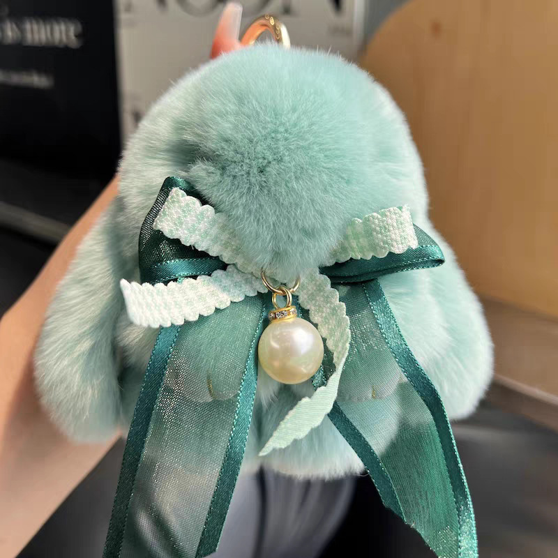 Cute conejo real peludo arco perla pequeño conejo llavero de coche colgante muñeca de peluche bolsas colgante