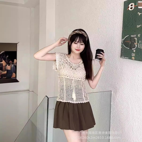 Lace knitted retro short tank top sleevless