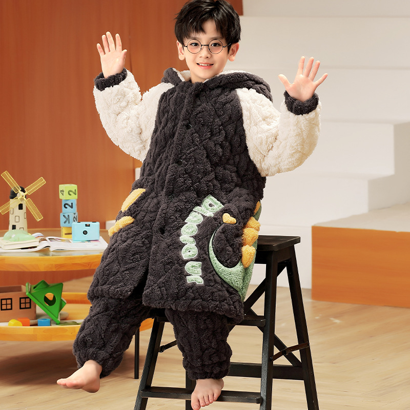 Children's pajamas autumn and winter thickened boys' coral fleece three-layer quilted flannel middle and big children boys' homewear