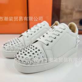 跨境cl andgz男白色牛皮系带银铆钉低帮红底鞋女休闲板鞋情侣款