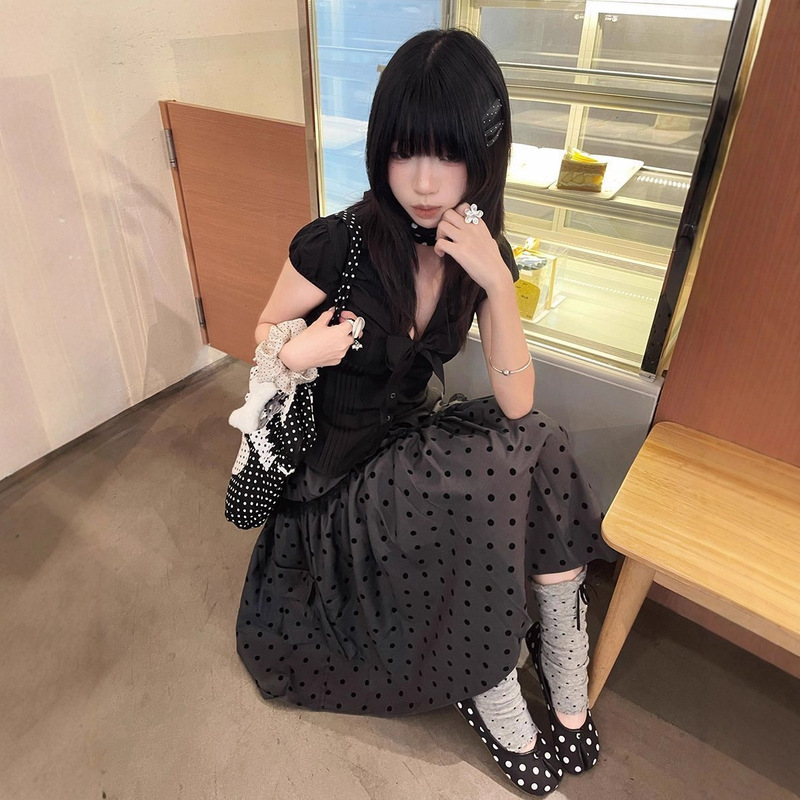 Elastic Waist Lined Pocket Korean Retro Polka Dot Skirt for Women Summer Millennium Hot Girl Loose