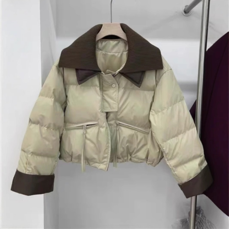 Knitted Double-Layer Collar White Duck down Jacket for Women, Short Style 2024 New Loose Pu Leather Washable Winter Coat