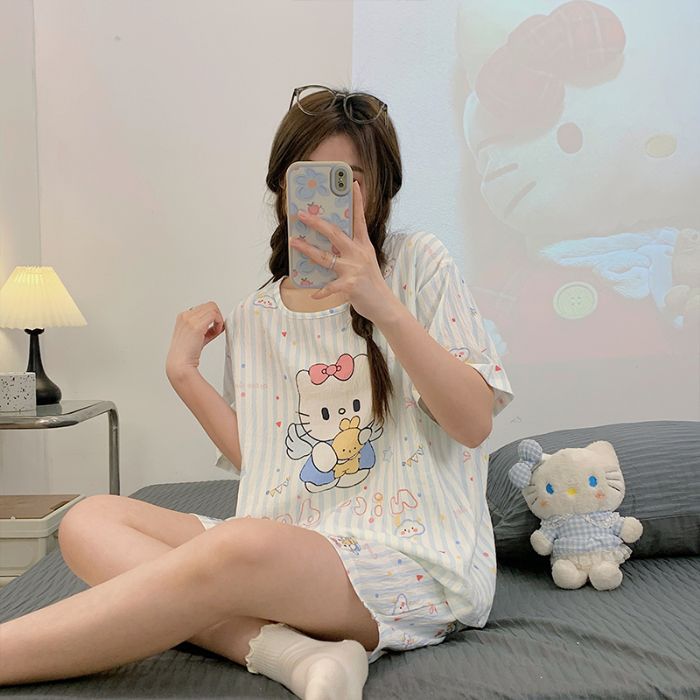 Venta al por mayor transfronteriza de pantalones cortos de manga corta pijamas mujeres nubes algodón verano nuevo estudiante dulce dibujos animados traje de servicio a domicilio oso