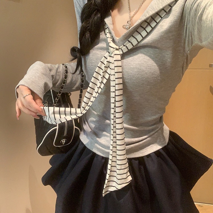 学院风白色海军领假两件长袖t恤女早秋修身miu系条纹领带v领上衣|undefined