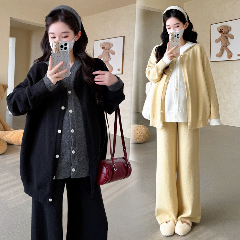 孕妇装2025秋冬新品孕妇假两件撞色连帽毛衣慵懒气质时尚宽松套装|undefined