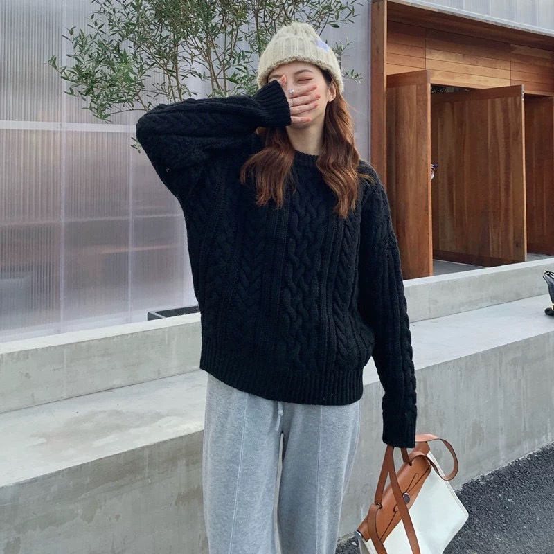 韩国Thebarnnet 八奶麻花软糯毛衣女宽松高质感套头上衣针织衫|undefined