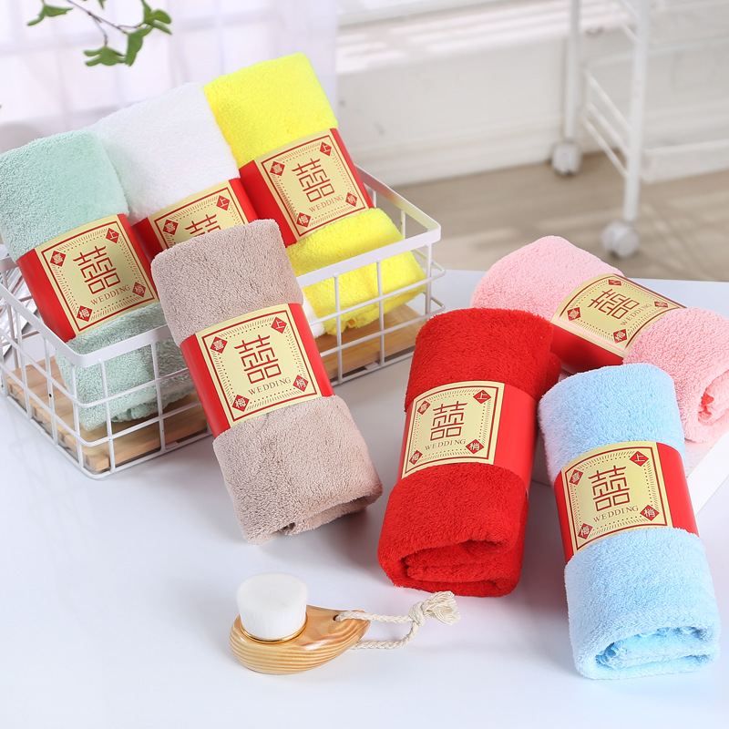 Wedding Towel Gift Set with Red Coral Velvet Auspicious Pattern Gift Box, Bridesmaid Gift Manufacturer's Custom LOGO Wholesale