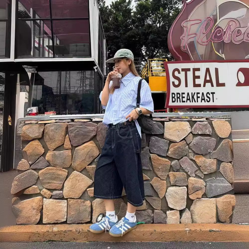 plus size American Restoration Color Denim Cropped Pants Female Chubby Girl Mm Street Loose Wide Leg Straight Short Pants Trendy Brand