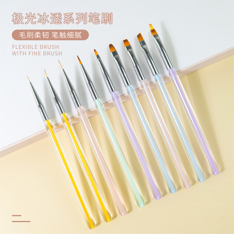 跨境新款日式美甲笔刷套装七彩水晶透明亚克力笔杆彩绘拉线光疗笔