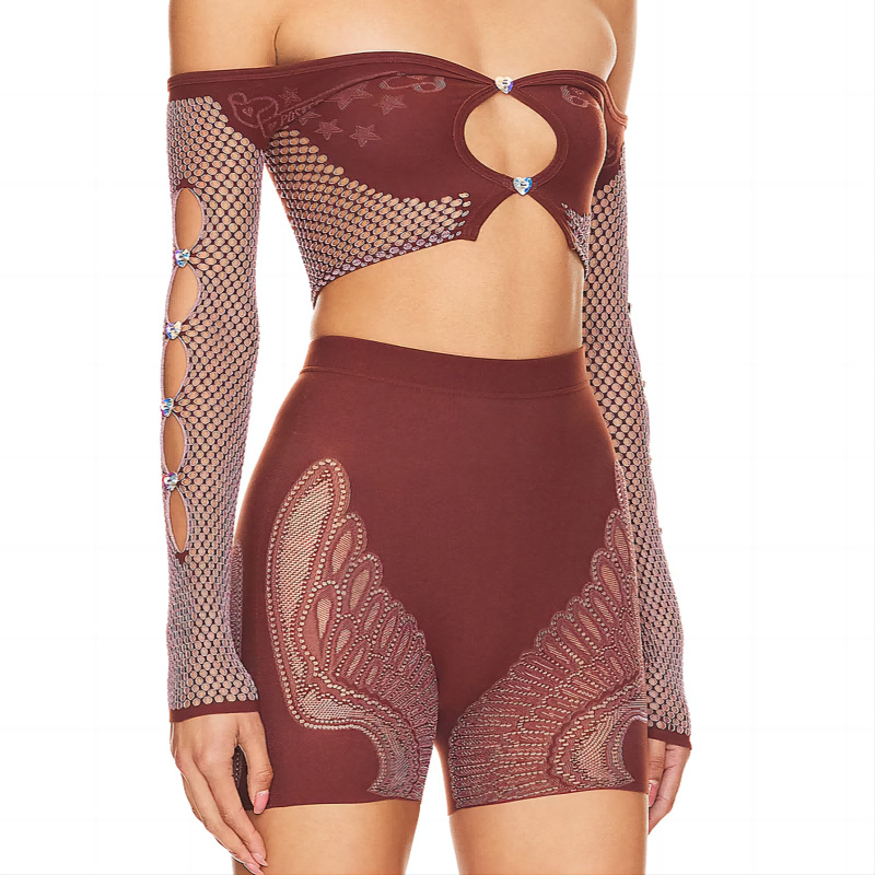 Women Solid Color Off Shoulder Long Sleeves Cropped Top High Cut Slim Shorts One Piece Knitting Suit
