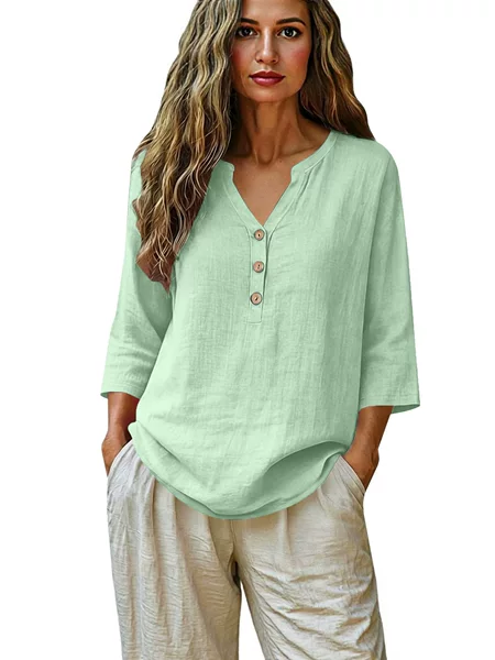 Cross-Border In-Stock European and American Style V-Neck Buttoned Cotton-Linen Top, Solid Color Loose Shirt
