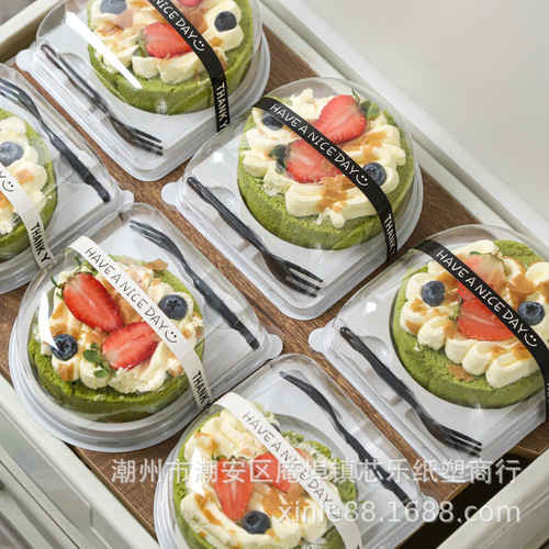 Individually Packaged Cake Roll Slices in a Swiss Roll & Tiger Skin Roll Box—Disposable, Japanese-Style Transparent Dessert Container with Fork