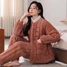 法兰绒夹棉睡衣女款冬季三层加厚加绒保暖珊瑚绒可外穿家居服套装