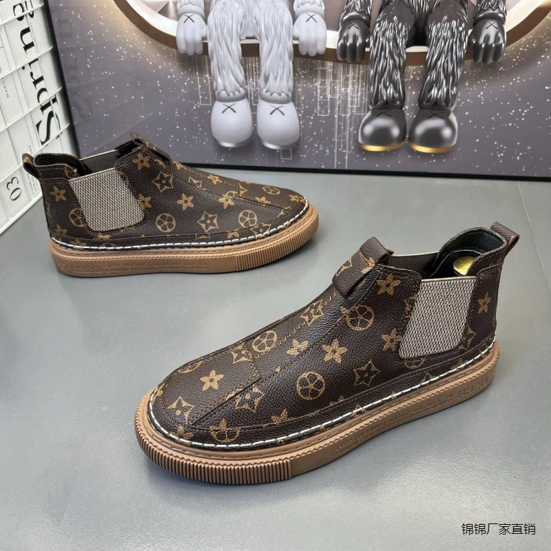 Мужская обувь 2025 осень-зима новая высокая обувь с принтом на мягкой подошве повседневная кожаная обувь