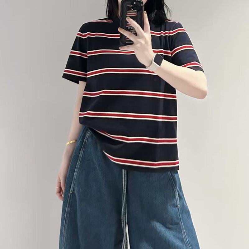 CS Women's Clothing Standard Fit Round Neck T-Shirt with Contrast Color Stripes, Base Layer Top, New Fall 2026 Product 1325526022 CS Women's Clothing Standard Fit Round Neck T-Shirt with Contrast Color Stripes, Base Layer Top, New Fall 2026 Product 1325526022