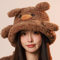 日系可爱小熊毛绒渔夫帽子女2025秋冬新款百搭显脸小保暖护耳盆帽