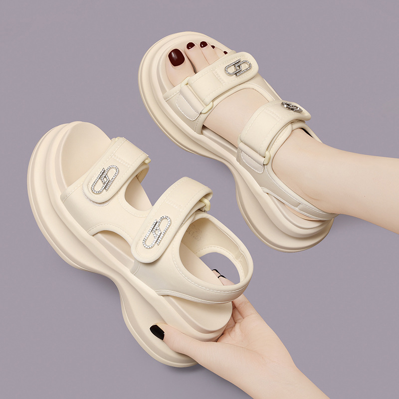 Sandal nữ đế xốp dày buộc Velcro hở mũi phong cách La Mã — Màu be 1982, 1982 màu đen