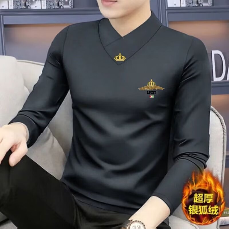 Silver Fox Velvet New Long Sleeve T-Shirt for Men V-Neck 2024 Autumn/Winter Base Layer with Fleece High-End Inner Warm Top Men's Trend