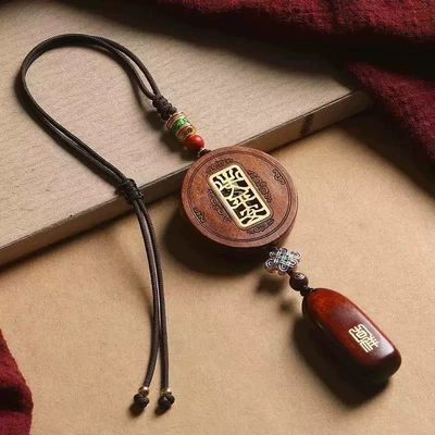 Rearview Mirror Car Hanging: Car hanging - rosewood-round-card-blood-sandalwood-no-problem-card-pendant